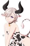  1boy animal_ears animal_print bell black_choker blonde_hair choker closed_mouth cow_boy cow_ears cow_horns cow_print cow_print_leotard cow_print_thighhighs cow_tail crossdressing crossdressing_(mtf) facial_mark genshin_impact highres horns leotard lyney_(genshin_impact) maimai69 male_focus multicolored_hair neck_bell one_eye_closed print_thighhighs purple_eyes red_hair short_hair smile solo tail teardrop_facial_mark thighhighs trap white_background white_leotard white_thighhighs 