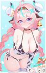  1girl absurdres ahoge alternate_costume animal_ears animal_print aqua_streaks arm_under_breasts bell_ear_ornament bikini blush bottle breasts cleavage closed_mouth collarbone commentary cow_ears cow_girl cow_horns cow_print cow_print_bikini cow_print_gloves elbow_gloves felixkohai fingerless_gloves genshin_impact gloves hair_between_eyes heart heart_in_eye highres horns large_breasts leaning_forward long_hair looking_at_viewer milk_bottle multicolored_hair pink_hair print_bikini print_gloves purple_eyes solo streaked_hair swimsuit symbol_in_eye thighhighs varesa_(genshin_impact) very_long_hair wet white_thighhighs 