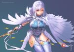  1girl armor blue_background breastplate breasts cape closed_mouth conope feathered_cape female_eshmel_(fire_emblem) fire_emblem fire_emblem:_fortune's_weave gauntlets gloves gradient_background jewelry lance large_breasts polearm short_hair simple_background solo star_(symbol) thick_thighs thighhighs thighs weapon white_cape white_hair 