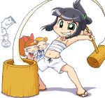  1boy 3girls blue_kimono blunt_bangs chest_sarashi chonmage closed_eyes commentary_request drawstring eating flat_chest food green_eyes groin high_ponytail holding holding_food holding_test_tube hyper_blossom japanese_clothes kimono kine lowres mallet midriff mochi mochi-iri_kinchaku mochi_trail mochitsuki multiple_girls new_year ponytail powered_buttercup powerpuff_girls_z professor_utonium red_hair red_kimono rolling_bubbles sandals sarashi shorts simple_background smile test_tube topknot white_background white_shorts 