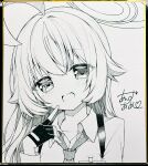  1girl :d ahoge anzu_ame blue_archive blush collared_shirt commentary_request dress_shirt fang fingerless_gloves gloves hair_between_eyes hair_intakes halo hand_up happy heart highres hoshino_(blue_archive) index_finger_raised long_hair looking_at_viewer monochrome necktie open_mouth photo_(medium) school_uniform shikishi shirt sidelocks signature simple_background smile solo traditional_media upper_body white_background 
