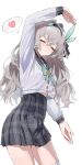  1girl absurdres berserker_r black_hairband blush bow bowtie chinese_commentary closed_eyes commentary_request firefly_(honkai:_star_rail) firefly_(spring_missive)_(honkai:_star_rail) green_bow green_bowtie grey_hair grey_sailor_collar grey_skirt hair_between_eyes hair_intakes hairband highres honkai:_star_rail honkai_(series) long_hair official_alternate_costume plaid_bow plaid_bowtie plaid_clothes plaid_skirt sailor_collar school_uniform serafuku simple_background skirt solo thighhighs white_background white_serafuku white_thighhighs 