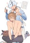  2boys :d abs absurdres arms_between_legs arrow_(symbol) bat_wings belt black_pants black_streaks blade_(nu_carnival) blue_nails blue_shirt blush brown_belt brown_hair closed_eyes clothing_cutout crystal_necklace curled_fingers demon_horns eiden_(nu_carnival) flower_symbol groin hair_between_eyes hair_over_one_eye highres holding holding_paintbrush horns hunched_over indian_style kneeling layered_sleeves lazy_fish lower_teeth_only male_focus map morvay_(bat)_(nu_carnival) morvay_(nu_carnival) multicolored_hair multiple_boys nail_polish notice_lines nu_carnival one_eye_covered paint_on_body paintbrush pants raised_inner_eyebrows rattail sharp_teeth shirt shoes short_hair simple_background sitting small_sweatdrop smile streaked_hair teeth thigh_cutout topless_male v-neck white_background white_hair white_pants white_shoes wings 