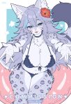  1girl :d animal_ear_fluff animal_ears bikini blue_bikini blue_choker blue_eyes blush breasts choker commentary commission english_commentary flower front-tie_bikini_top front-tie_top furry furry_female grey_hair hair_flower hair_ornament highres innertube long_hair mo_(k40633) navel open_mouth original outstretched_arms side-tie_bikini_bottom smile solo stomach swim_ring swimsuit tail thighs twitter_username 