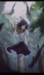 1girl absurdres bird black_hair black_skirt commentary_request crow forest frilled_skirt frills hat highres looking_at_viewer nature open_mouth outdoors pom_pom_(clothes) rain red_hat shameimaru_aya shirt skirt solo standing tokin_hat touhou uninosono white_shirt 