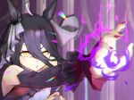  1girl absurdres ahoge bare_shoulders black_hair black_ribbon commentary_request concentrating detached_sleeves dress ear_ornament ear_ribbon frilled_cuffs hair_between_eyes hand_up highres long_hair_between_eyes magic manhattan_cafe_(mysterious_rose)_(umamusume) manhattan_cafe_(umamusume) multicolored_hair nail_polish no_uwazumi parted_lips red_nails ribbon short_hair sleeveless sleeveless_dress solo umamusume uneven_eyes white_dress white_hair white_ribbon wrist_cuffs yellow_eyes 