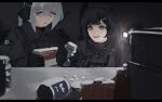  2girls absurdres black_coat black_hair blood_type bow coat commentary english_commentary flashlight gun hair_bow handgun highres holster maxim_9 medicine military_uniform multiple_girls original pill_bottle renakohii weapon white_hair 