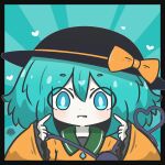  1girl black_border black_hat blue_background blue_eyes blue_hair border bow chibi collared_shirt commentary_request grin hair_between_eyes hands_up hat hat_bow heart heart_of_string highres komeiji_koishi long_sleeves looking_at_viewer orange_bow orange_shirt sea_urchin shirt sleeves_past_wrists smile solo third_eye touhou uni_souchou upper_body wide_sleeves 