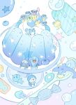 blueberry bubble candy cat cinnamoroll coca-cola commentary doraemon doraemon_(character) dororo_(keroro_gunsou) food fruit fuwa_fuwa_cinnamoroll gelatin highres holding holding_spoon keroro_gunsou marill musical_note pokemon pokemon_(creature) popsicle qoo_(character) rabbit sanrio shark spheal spoon squirtle squirtle_squad star_(symbol) summernight_12 sunglasses untranslatable_commentary wobbuffet 