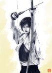  1girl absurdres archery arrow_(projectile) bow_(weapon) closed_mouth commentary_request gloves graphite_(medium) hakama hakama_skirt highres holding holding_arrow holding_bow_(weapon) holding_weapon japanese_clothes kyuudou mole mole_under_eye monochrome muneate original partially_fingerless_gloves photo-referenced puri_(xnfm5837) short_hair simple_background skirt solo traditional_media weapon yugake 