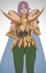  1boy androgynous aries_muu armor blue_cape breastplate cape chomo_(kdeko) faulds feet_out_of_frame gauntlets gold_armor gold_cloth_(saint_seiya) gold_saint green_eyes green_pants grey_background helmet highres hikimayu holding holding_unworn_helmet horned_armor large_horns long_hair looking_at_viewer male_focus open_mouth pants pauldrons purple_hair saint_seiya shoulder_armor simple_background smile solo standing teeth tight_clothes tight_pants two-sided_cape two-sided_fabric unworn_headwear unworn_helmet upper_teeth_only white_cape 