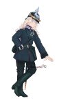  1girl black_boots black_pants blonde_hair blue_eyes blue_jacket blush boots cross full_body hat highres holster iron_cross jacket karasumi_(sumizono) long_sleeves medal military_hat military_jacket military_rank_insignia military_uniform original pants scabbard sheath signature sweatdrop sword weapon 
