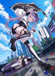  1girl :d absurdres asymmetrical_legwear black_gloves black_leotard blue_sky blush boots building car castellayaki choker cloud cropped_jacket fingerless_gloves flag forza_horizon_6 gem gloves hair_ornament heart heart_choker high_heel_boots high_heels highres holding holding_flag hololive hololive_english jewel_under_eye koseki_bijou legwear_garter leotard long_hair looking_at_viewer motor_vehicle open_mouth purple_eyes purple_gem purple_hair race_flag race_queen race_vehicle racecar racetrack short_shorts shorts single_legwear_garter sky skyscraper smile solo thigh_boots twintails very_long_hair virtual_youtuber visor_cap white_choker x_hair_ornament 