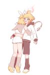  1boy 1girl absurdres antenna_hair black_shorts blonde_hair blue_eyes blush bow commentary_request cropped_jacket detached_sleeves embarrassed full_body g_hana grey_sailor_collar hair_bow highres hood hood_down hooded_jacket hug jacket kagamine_len kagamine_len_(nt) kagamine_rin kagamine_rin_(nt) leg_warmers long_sleeves looking_ahead medium_hair midriff one_side_up open_mouth parted_bangs ponytail sailor_collar sailor_jacket shoes short_hair short_ponytail short_shorts shorts sidelocks simple_background sleeveless sleeveless_jacket sleeves_past_wrists standing steam vocaloid white_background white_bow white_jacket white_shoes white_shorts wide-eyed 