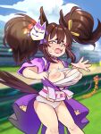  1girl artist_name breasts brown_hair bursting_breasts cameltoe chest_sarashi cloud constricted_pupils crazystorm165 diffraction_spikes embarrassed english_commentary fang fox_mask green_eyes hair_ribbon happi highres horse_girl horse_racing_track horse_tail inari_one_(edomurasaki)_(umamusume) inari_one_(umamusume) japanese_clothes mask mask_on_head medium_breasts obi obijime official_alternate_costume outdoors panties pink_sash puffy_nipples purple_happi ribbon sarashi sash short_sleeves short_twintails shortstack skin_fang sky solo standing sweat tail twintails umamusume underwear white_panties yellow_ribbon 