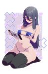  1girl bikini black_hair black_thighhighs blue_bikini blush breasts commentary_request english_commentary exia_(nikke) eyepatch_bikini goddess_of_victory:_nikke handheld_game_console highres holding holding_handheld_game_console long_hair medium_breasts mixed-language_commentary navel peach-cup playing_games playing_video_games seiza sitting solo stomach swimsuit thighhighs thighs very_long_hair 