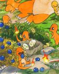  alternate_color berry_(pokemon) charizard charmander closed_eyes closed_mouth commentary cropped eating egg english_commentary fangs fire flame-tipped_tail food food_on_face fruit grass highres holding holding_food holding_fruit mofinngram nest no_humans open_mouth oran_berry outdoors painting_(medium) pinap_berry pokemon pokemon_(creature) pokemon_egg pokemon_focus rock shiny_and_normal shiny_pokemon sitting smile tail traditional_media watercolor_(medium) 