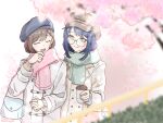  2girls adachi_sakura adachi_to_shimamura bag black_hat blue_hair blush brown_hair brown_hat cherry_blossoms closed_eyes closed_mouth coat commentary cup disposable_coffee_cup disposable_cup earrings english_commentary enpera glasses green_eyes handbag hat highres holding holding_cup holding_hands interlocked_fingers jewelry long_hair looking_at_another multiple_girls newsboy_cap open_mouth pink_scarf scarf shimamura_hougetsu smile white_coat yuri zy_jiru15 