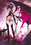  bat_wings butt_crack demon_girl green_eyes highres horns looking_back matsuryuu original polearm short_hair solo tail thighhighs trident weapon wings 