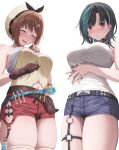  2girls absurdres aqua_streaks atelier_(series) atelier_ryza atelier_ryza_1 bankerou bare_shoulders belt beret black_belt black_choker black_hair blush braid braided_bangs breasts brown_gloves brown_hair choker cleavage closed_eyes closed_mouth commentary_request cowboy_shot crossover denim denim_shorts earrings flask frown gloves hair_between_eyes hair_ornament hairclip hand_up hat highres hololive hololive_dev_is jewelry large_breasts leather leather_belt leather_gloves looking_at_viewer multicolored_hair multiple_girls multiple_rings navel necklace o-ring o-ring_thigh_strap open_mouth own_hands_together red_eyes red_shorts reisalin_stout rindo_chihaya ring round-bottom_flask shirt short_hair short_shorts shorts sidelocks simple_background single_glove skindentation sleeveless sleeveless_shirt smile standing streaked_hair sweat swept_bangs tank_top thick_thighs thigh_strap thighhighs thighs vial virtual_youtuber white_background white_hat white_streaks white_tank_top white_thighhighs yellow_shirt 