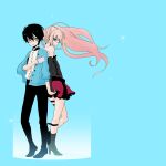  2boys arm_at_side back-to-back bare_shoulders belt black_boots black_dress black_gloves black_hair black_pants black_shoes blue_jacket boots buttons closed_mouth collared_shirt commentary_request contrapposto cross-laced_clothes cross-laced_dress crossdressing crossdressing_(mtf) dress dual_persona elbow_gloves floating_hair frilled_dress frilled_skirt frills full_body gatchaman_crowds glasses gloves green_eyes hair_between_eyes high_heel_boots high_heels high_side_ponytail highres holding holding_hands invisible_floor jacket knee_boots leg_belt looking_at_viewer male_focus miniskirt multiple_boys negative_space ninomiya_rui note_(gatchaman_crowds) open_clothes open_jacket orange_hair pants puffy_sleeves red-framed_eyewear semi-rimless_eyewear shirt shoes short_hair side_ponytail sidelocks sideways_glance skirt smile sparkle standing striped_clothes striped_skirt tarou_(colori) thigh_belt thigh_strap three-quarter_sleeves trap two-tone_skirt under-rim_eyewear vertical-striped_clothes vertical-striped_skirt white_shirt 