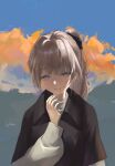  10304 1girl artist_name black_shawl blonde_hair blue_eyes cloud cloudy_sky colorful_clouds commentary_request eyelashes hair_ribbon hand_up highres lapwing_(vrchat) looking_at_viewer parted_lips ponytail ribbon shawl shirt sky smile solo turtleneck upper_body vrchat white_shirt 