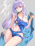 1girl absurdres blunt_bangs breasts cleavage closed_mouth commentary crossed_legs dated earrings gundam gundam_zz highres jewelry long_hair looking_to_the_side navel okrdisk2000 purple_hair roux_louka star_(symbol) star_print swimsuit water_drop 