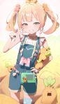  1girl absurdres aged_down alternate_hair_length_(shorter) bear_hair_ornament binoculars blonde_hair blue_overalls blue_thighhighs blush bug_cage commentary_request denim denim_overalls dogxfish frilled_shirt frilled_wrist_cuffs frills green_eyes grid_print grin hair_ornament hand_on_own_hip highres holding hololive looking_at_viewer medium_hair momosuzu_nene momosuzu_nene_(7th_costume) multicolored_hair nekko_(momosuzu_nene) official_alternate_costume official_alternate_hairstyle on_head overalls shirt short_sleeves single_thighhigh smile smug solo streaked_hair thighhighs twintails v virtual_youtuber white_shirt wrist_cuffs 