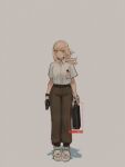  1girl absurdres blonde_hair briefcase brown_pants cuffs gun hair_ornament hairclip handcuffs handgun highres holding holding_briefcase looking_at_viewer name_tag notfuji original pants shirt shoes sneakers watch weapon white_shirt wristwatch yellow_eyes 