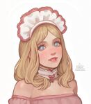  1girl absurdres biting_own_lip blonde_hair blue_eyes blush bow collar frilled_collar frills highres lina_swalaf maid_headdress medium_hair off_shoulder original pink_bow pink_shirt portrait see-through_clothes shirt watermark 