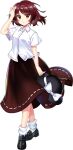  1girl black_hat black_shoes bow brown_eyes brown_hair brown_skirt closed_mouth full_body game_asset hand_on_own_head hat hat_bow highres holding holding_unworn_clothes holding_unworn_hat looking_at_viewer official_art ribbon-trimmed_shirt ribbon-trimmed_skirt ribbon-trimmed_sleeves ribbon_trim rotte_(1109) shirt shoes short_hair short_sleeves simple_background skirt socks solo taboo_japan_disentanglement third-party_source touhou touhou_lostword transparent_background unworn_hat unworn_headwear usami_renko white_bow white_shirt white_socks 