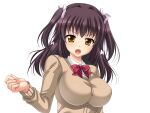  1girl angry aomi_riru black_hair blush bow bowtie breasts brown_cardigan cardigan collared_shirt game_asset hair_between_eyes hair_ribbon hand_up kogure_miori large_breasts large_variant_set long_hair long_sleeves non-web_source official_art open_mouth red_bow ribbon school_uniform self-datamine shirt sidelocks simple_background solo standing tachi-e transparent_background two_side_up upper_body v-shaped_eyebrows variant_set white_ribbon white_shirt yellow_eyes yumemi_ga_cheek! 