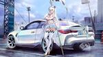  1girl absurdres aqua_hair bare_shoulders between_breasts blue_sky bmw bmw_m4 bodystocking bow breasts building car checkered_bow checkered_clothes checkered_flag checkered_thighhighs city cleavage cloud collarbone commentary commission covered_navel day detached_sleeves flag gold_collar gold_shoes gradient_hair hair_between_eyes hair_bow hair_ornament hand_up high_heels highleg highres holding holding_flag kcar66t large_breasts laurels legs long_hair long_sleeves looking_at_viewer miniskirt motor_vehicle multicolored_hair original outdoors pleated_skirt purple_hair race_flag race_queen road see-through_cleavage see-through_clothes shoes side-view_mirror sidelocks single_hair_intake skirt sky solo sports_car standing thighhighs thighs traffic_cone vehicle_muffler very_long_hair white_hair white_thighhighs yellow_eyes 