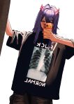 1girl akuma_nihmune facial_mark gambar_sally hair_between_eyes heart heart_facial_mark heart_tattoo highres holding holding_phone horns indie_virtual_youtuber long_hair mirror_selfie mole mole_under_eye phone print_shirt purple_hair red_eyes red_horns reflection reflection_focus second-party_source selfie shirt solo tattoo virtual_youtuber 