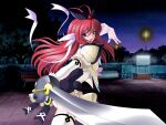  1girl 2000s_(style) :o antenna_hair bench blue_eyes blush elbow_gloves game_asset gloves lamppost long_hair magical_girl mahou_senshi_(series) mahou_senshi_princess_tear night non-web_source official_art open_mouth park princess_tear red_hair ribbon saitou_natsuki self-datamine solo sword tearna_lilian_transylveil thighhighs variant_set visual_novel_cg weapon 