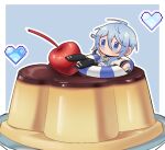  1boy ahoge aiguillette black_boots blue_background blue_eyes blue_hair blush bodysuit boots border cherry chibi chibi_only commentary cropped_jacket edmond_(nu_carnival) epaulettes food fruit hair_between_eyes hair_over_shoulder heart jacket long_hair lounging low_ponytail male_focus mini_person miniboy no_mouth no_nose nu_carnival nu_jyo outline pixelated ponytail pudding solo swim_ring thigh_boots three-quarter_sleeves white_bodysuit white_border white_jacket white_outline 