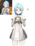  1girl 4kebidayo ahoge bare_shoulders blue_eyes blue_hair blush clothing_cutout commentary_request detached_sleeves elbow_gloves flower_hairpin flower_ornament game_screenshot_inset gloves hair_ornament hairclip heart heart_hands highres looking_at_viewer mole mole_on_shoulder screenshot_inset see-through_clothes see-through_dress_layer seed_(zenless_zone_zero) side_cutout smile solo standing suit thigh_cutout white_background white_gloves white_suit zenless_zone_zero 
