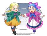  2girls aged_down bianca_(dq5) blonde_hair blue_bow blue_bowtie blue_eyes blue_hair boots bow bowtie bracelet braid braided_ponytail brown_boots commentary_request dragon_quest dragon_quest_monsters_4 dragon_quest_v dress earrings flora_(dq5) forehead full_body green_poncho hair_bow hair_pulled_back holding_hands jewelry long_hair looking_at_another medium_hair multiple_girls open_mouth orange_dress pink_bow pink_bowtie pink_poncho ponytail purple_shoes running shoes touya_(55tohya) twitter_username white_dress 