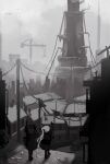  2girls absurdres baseball_cap bird crane_(machine) fog grey_hair gun hat highres m110_sass multiple_girls original renakohii rifle sniper_rifle tower weapon white_hair 