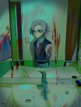  1boy aged_down aotsuki_eito bathroom black_sweater_vest blood blood_on_face blood_on_mirror commentary_request glasses grey_hair highres indoors jacket looking_at_mirror male_focus mirror negihasi reflection reflection_focus shirt short_hair sink solo spoilers sweater_vest the_hundred_line_-last_defense_academy- white_shirt wide-eyed 