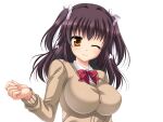  1girl aomi_riru black_hair blush bow bowtie breasts brown_cardigan cardigan closed_mouth collared_shirt game_asset hair_between_eyes hair_ribbon hand_up kogure_miori large_breasts large_variant_set long_hair long_sleeves non-web_source official_art one_eye_closed red_bow ribbon school_uniform self-datamine shirt sidelocks simple_background smile solo standing tachi-e transparent_background two_side_up upper_body variant_set white_ribbon white_shirt yellow_eyes yumemi_ga_cheek! 