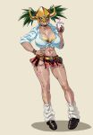  1girl abs alternate_costume alternate_hairstyle amesuku_gyaru animal_print bandaid bandaid_on_leg belt black_choker black_shoes blue_eyes bra bracelet breasts bubble_tea choker cleavage commentary_request cross-laced_clothes cross-laced_skirt cup digimon digimon_(creature) disposable_cup drinking_straw fang fingernails front-tie_top gerusyu glint green_hair gyaru hand_on_own_hip highres holding holding_cup horned_mask horns jewelry kinkakumon kogal large_breasts leg_warmers leopard_print leopard_print_bra light_smile long_fingernails mask microskirt muscular muscular_female navel_piercing open_clothes open_shirt pendant_choker piercing pink_nails plaid_clothes plaid_skirt print_bra scar scar_on_leg shirt shoes short_twintails simple_background skirt solo star_(symbol) sticker sticker_on_horn tan tied_shirt twintails underwear white_leg_warmers white_shirt 