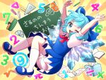 1girl :d ;d \||/ arms_up bloomers blue_bow blue_dress blue_eyes blue_hair blue_shoes book bow chalk chalkboard cirno cirno's_perfect_math_class collared_shirt commentary_request dress full_body hair_bow hanamaru highres ice ice_wings kneehighs looking_at_viewer mary_janes mmmera827 one_eye_closed open_book open_mouth outline pencil pinafore_dress ruler shirt shoes short_hair short_sleeves sleeveless sleeveless_dress smile socks solo sparkle sunburst sunburst_background touhou white_bloomers white_outline white_shirt white_socks wings yellow_background 