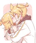  1boy 1girl antenna_hair blonde_hair blush border closed_eyes commentary_request cropped_shirt detached_sleeves double-parted_bangs fingerless_gloves from_side g_hana gloves grey_sailor_collar height_difference highres hood hood_down hooded_jacket hug jacket kagamine_len kagamine_len_(nt) kagamine_rin kagamine_rin_(nt) kiss long_sleeves medium_hair one_side_up outline parted_bangs pink_background ponytail sailor_collar shirt short_hair short_ponytail sidelocks sleeveless sleeveless_shirt sleeves_past_wrists variant_set vocaloid white_border white_gloves white_jacket white_outline white_shirt 