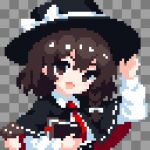  1girl adjusting_clothes adjusting_headwear asymmetrical_sidelocks black_capelet black_hat black_skirt book bow brown_eyes brown_hair capelet collared_shirt commentary fake_transparency hair_bow hat hat_bow high-waist_skirt highres holding holding_book long_sleeves medium_hair necktie open_mouth pixel_art red_capelet red_necktie ribbon-trimmed_capelet ribbon_trim shirt shirt_tucked_in sidelocks skirt solo takeez3 touhou two-sided_capelet upper_body usami_renko white_bow white_shirt 