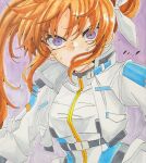 1girl brown_hair commentary_request covered_mouth cropped_jacket floating_hair hair_between_eyes high_collar highres jacket kure_anoka709 long_sidelocks lyrical_nanoha mahou_shoujo_lyrical_nanoha_reflection one-hour_drawing_challenge parted_bangs photoshop_(medium) purple_background purple_eyes sidelocks simple_background small_sweatdrop solo sweat takamachi_nanoha traditional_media tsurime upper_body v-shaped_eyebrows white_jacket wispy_bangs 