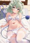  1girl alternate_costume bikini blush breasts bridal_bikini bridal_veil camellia closed_mouth commentary_request commission corrupted_twitter_file disembodied_linked_eye eyeball flower frilled_bikini frills futon green_eyes green_hair hair_between_eyes hair_flower hair_ornament heart heart_of_string highres komeiji_koishi looking_at_viewer lying medium_hair navel on_back otome_camellia ring_light_reflection rose see-through_clothes see-through_veil sheet_grab shiny_skin shironeruka skeb_commission small_breasts smile solo stomach swimsuit thighhighs thighs touhou veil white_bikini white_flower white_rose white_thighhighs 