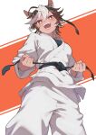  1girl absurdres animal_ears belt black_belt black_headband black_undershirt brown_hair commentary dougi english_commentary headband highres horse_ears horse_girl indie_virtual_youtuber karate_gi looking_at_viewer multicolored_hair niboshidrip simple_background solo tomoe_umari virtual_youtuber white_hair 