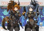  2girls armor assault_rifle black_bodysuit black_eyes black_gloves black_hair blade_runner_(series) blue_nails bodysuit breasts brown_eyes brown_hair colt_single_action_army contrapposto covered_navel cowboy_shot dual_wielding english_text fingerless_gloves geissele_urg-i gloves gun handgun headgear highres holding holding_gun holding_weapon holster long_hair m4_carbine mechanical_tail medium_breasts multiple_girls nancou_(nankou) original pkd_blaster pointy_ears ponytail revolver rifle shoulder_armor tactical_clothes tail thigh_holster trigger_discipline weapon zoom_layer 
