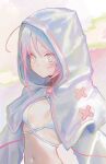  1girl absurdres ahoge bikini blue_eyes blue_hair breasts capelet closed_mouth commentary highres hood hood_up hooded_capelet kaze_22 korean_commentary looking_at_viewer multicolored_eyes multicolored_hair navel original pink_eyes pink_hair small_breasts solo stomach swimsuit two-tone_hair upper_body white_bikini white_capelet 